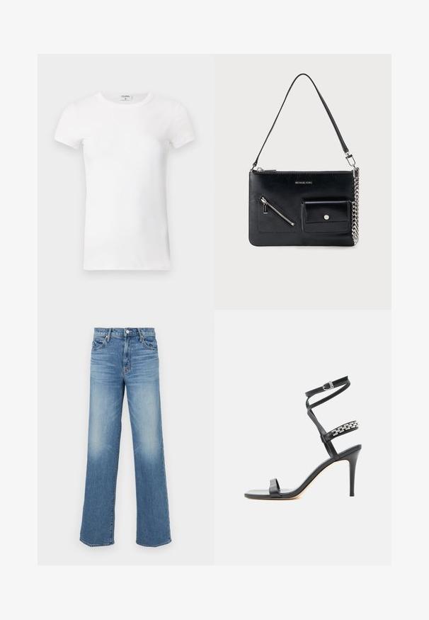 Hvid, stribet T-shirt med kortærmer og rund hals. Stoffet ser glat ud med en tætsiddende silhuet. Brandingmærke synligt ved kraven.; Mother MID RISE TUNNEL VISION SNEAK SUPERIOR - Jeans Relaxed Fit - blue denim; Sort højhælet sandal med tynd ankelrem, midtfodsrem dekoreret med sølvkædeled og åben tå-design.; Sort Michael Kors skuldertaske i læder med toplynlås, diagonal lynlåslomme foran, klaplomme med trykknap og sølvkædedetalje.