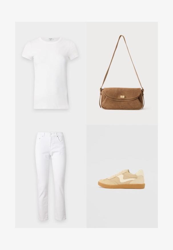 Hvid, stribet T-shirt med kortærmer og rund hals. Stoffet ser glat ud med en tætsiddende silhuet. Brandingmærke synligt ved kraven.; Hvide denimjeans med lige ben, fem-lomme design og metalknaplukning, der har en glat tekstur og minimal syning.; Beige sneakers med ruskind og mesh-materialer, rund form, fremtrædende polstret krave og en gummikondisko. Har et bølge-design som accent.; Brun ruskind skuldertaske med en lang rem og en gylden rektangulær drejelåslås på den forreste klap mod en ensfarvet baggrund.