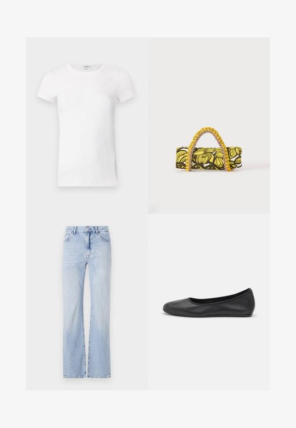 Hvid, stribet T-shirt med kortærmer og rund hals. Stoffet ser glat ud med en tætsiddende silhuet. Brandingmærke synligt ved kraven.; Lysblå denim flared jeans med fem lomme-design, bæltestropper og knaplukning. Blød tekstur med subtil fading.; Sort læderballetsko med rund tå, glat tekstur, minimal syning og et fleksibelt såldesign.; Rektangulær taske med gult og sort blomsterprint og flettet gul og pink hank på hvid baggrund.