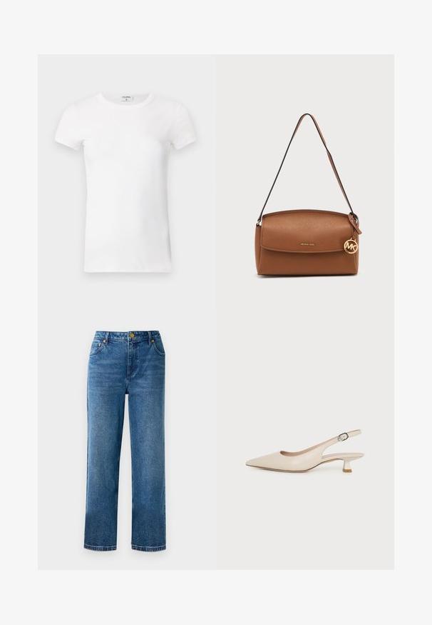 T-shirt à manches courtes blanc côtelé avec un col rond. Le tissu semble lisse avec une silhouette ajustée. Étiquette de marque visible au niveau du col.; Jean taille haute bleu avec une coupe droite, en denim, comportant cinq poches et des détails en métal doré.; Chaussure slingback beige à bout pointu avec un petit talon kitten et une boucle latérale réglable sur fond blanc uni.; Sac à épaule en cuir marron avec fermeture à rabat, fine bandoulière et breloque ronde dorée avec le logo Michael Kors suspendue sur le côté.
