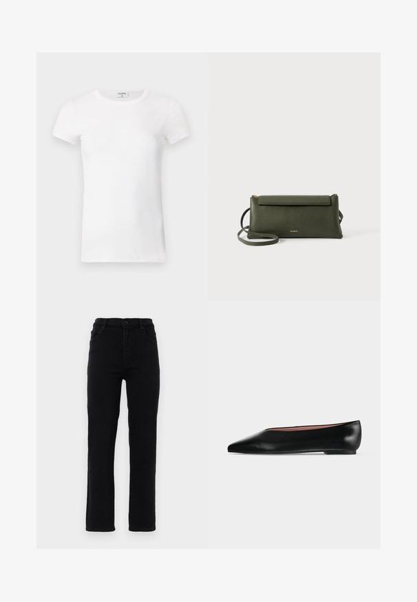 Weißes geripptes T-Shirt mit kurzen Ärmeln und Rundhalsausschnitt. Der Stoff wirkt glatt und hat eine figurbetonte Silhouette. Markenlabel am Kragen sichtbar.; Schwarze Jeans aus Denim mit geradem Bein, mittelhohem Bund und fünf Taschen. Mit einem Frontknopfverschluss und Gürtelschlaufen.; Schwarzer flacher Damenleder-Schuh mit spitzer Kappe und niedrigem Absatz, von der Seite auf einfarbigem hellgrauem Hintergrund gezeigt.; Dunkelgrüne, strukturierte Leder-Crossbody-Tasche mit Klappenverschluss und dünnem verstellbarem Tragegurt, geprägt mit kleinem goldenen "Bee Projects"-Logo.