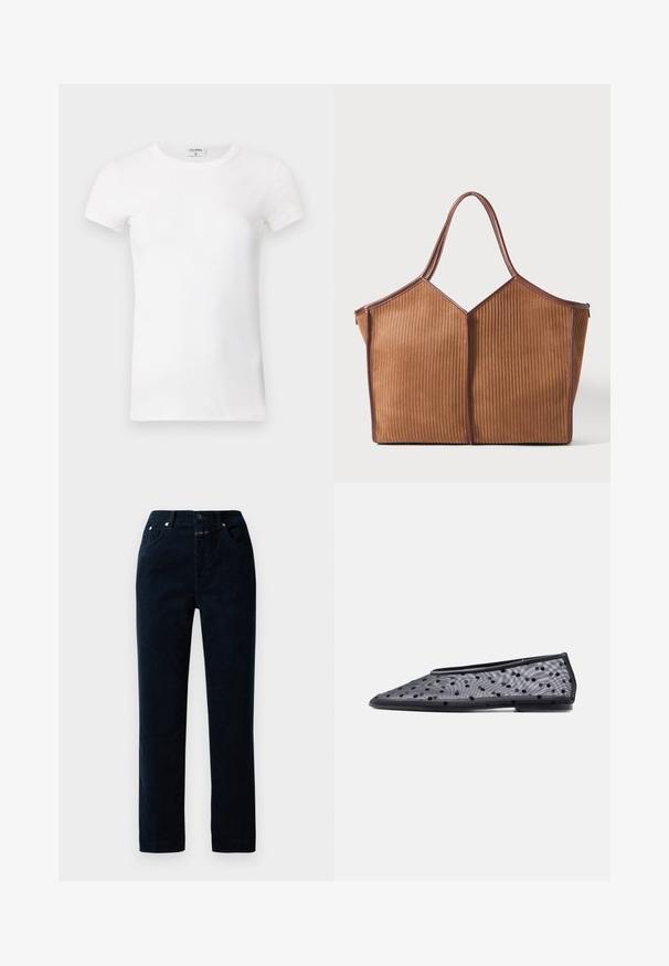 Camiseta blanca de manga corta y con cuello redondo, de tejido acanalado. La tela parece suave y tiene una silueta ajustada. Etiqueta de marca visible en el cuello.; Pantalones de pana en color navy con un diseño de pierna recta, que cuentan con bolsillos frontales, cremallera y detalles de botón metálico en la cinturilla.; Zapato plano negro con puntera puntiaguda, tela translúcida y un patrón de lunares negros sobre un fondo claro.; Bolso tote de cuero marrón con bordes de cuero, con textura acanalada vertical y dos asas, de pie contra un fondo blanco liso.