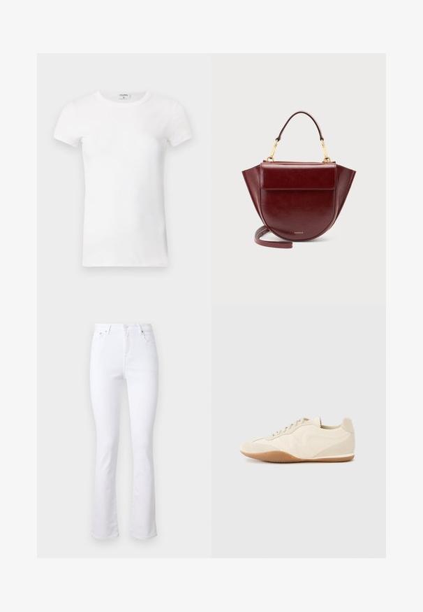 Hvid, stribet T-shirt med kortærmer og rund hals. Stoffet ser glat ud med en tætsiddende silhuet. Brandingmærke synligt ved kraven.; Hvide denim flared jeans med høj talje, fire lommer og lukning med en forhøjning foran. Har en glat tekstur og pæne kanter.; Lyse beige sneakers med en tekstureret læderoverdel, teksturerede sider og en gummisål. Har et slankt, strømlinet design og flade snørebånd.; Mørkerød lædertaske med topgreb, guldfarvet hardware, klaplomme foran og lang rem, sat mod en ensartet lys baggrund.