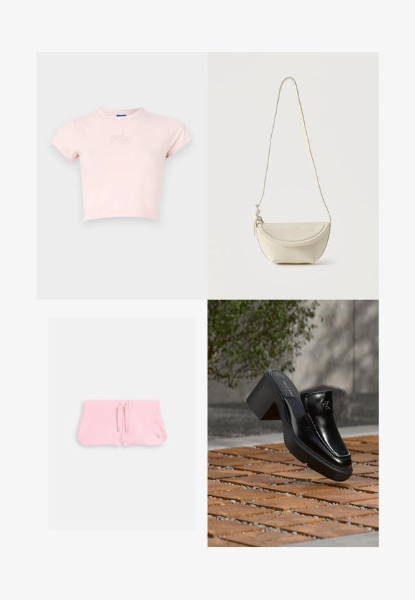 Korte roze T-shirt van katoen, met korte mouwen en een klein zilveren "Hug"-tekstontwerp op de borst. Gladde textuur, ronde halslijn.; Roze shorts van zachte stof, met een koord met zilverkleurige tips en een klein geborduurd logo in de rechterbenedenhoek.; Zwarte leren Calvin Klein slip-on mule met blokhak rustend op houten tegels buiten, vlak bij een groene plant en een grijze muur.; Kleine crèmekleurige leren crossbody tas met een gebogen klep en een lange, dunne band, hangend tegen een effen achtergrond.