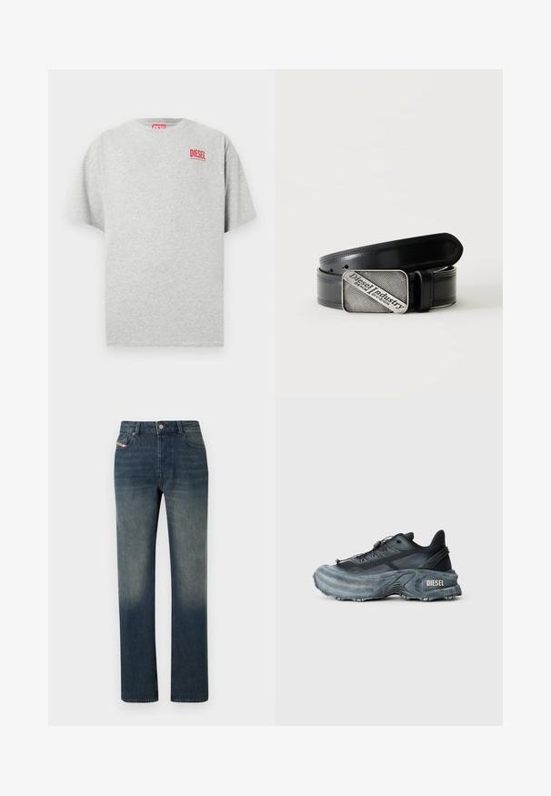 Camiseta de algodón gris con cuello redondo y mangas cortas. Presenta un pequeño logo rojo "DIESEL" en el pecho. Textura suave.; Vaqueros de mezclilla azul de pierna recta con lavado desvanecido, cierre frontal con botón y cremallera, y diseño de cinco bolsillos.; Zapatilla Diesel en negro y gris con suela gruesa, cierre de cordón y diseño texturizado sobre un fondo liso de color gris claro.; Cinturón de cuero negro con hebilla rectangular plateada que presenta el texto grabado "Diesel Industry Denim Division" sobre un fondo claro a rayas.