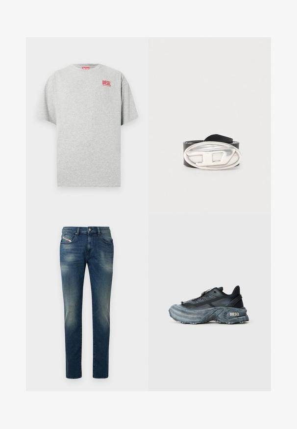 Camiseta de algodón gris con cuello redondo y mangas cortas. Presenta un pequeño logo rojo "DIESEL" en el pecho. Textura suave.; Vaqueros de mezclilla azul oscuro con lavado desgastado, diseño de pierna recta y una rodilla ligeramente desgastada. Cuenta con bolsillos delanteros y cierre con botón de metal.; Zapatilla Diesel en negro y gris con suela gruesa, cierre de cordón y diseño texturizado sobre un fondo liso de color gris claro.; Cinturón de cuero negro enrollado con una gran hebilla ovalada de plata que presenta un diseño elevado estilizado en forma de "D".