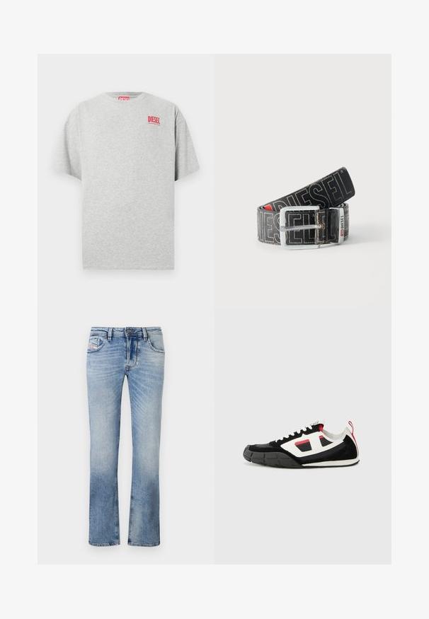 Graues Baumwoll-T-Shirt mit rundem Ausschnitt und kurzen Ärmeln. Mit einem kleinen roten "DIESEL"-Logo auf der Brust. Glatte Textur.; Hellblaue Jeans aus Denim mit geradem Schnitt, ausgestattet mit Fronttaschen, einem Reißverschluss und subtilen Verfärbungen im gesamten Stoff.; Diesel S PAGODHA LOW - Sneaker low - black; Schwarzer Diesel-Gürtel mit großem weißen Logotext, rechteckiger silberner Schnalle und gebrandetem Metallschlaufen-Detail, aufgewickelt auf hellem Hintergrund.