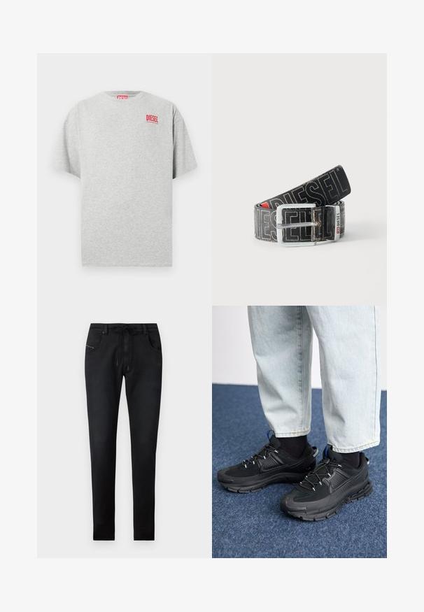 Grå bomuld t-shirt med rund hals og korte ærmer. Har et lille rødt "DIESEL" logo på brystet. Glat tekstur.; Sorte denimbukser med slim fit, der har en snoretræk i taljen, to forlommer og diskrete sømdetaljer. Glat tekstur.; Sorte træningssko med tekstureret stof og gummisåler, udstyret med elastiske snørebånd og en blå detalje på hælen. Bæres med lyse denimbukser.; Sort Diesel-bælte med stor hvid logo tekst, rektangulært sølvspænde og brandet metal-loop detalje, rullet sammen på en lys baggrund.