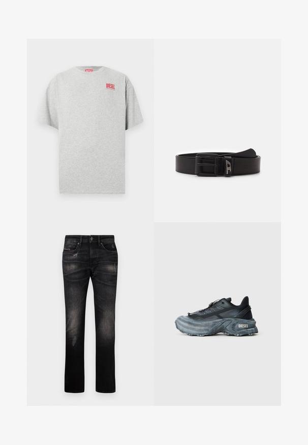 Grå bomuld t-shirt med rund hals og korte ærmer. Har et lille rødt "DIESEL" logo på brystet. Glat tekstur.; Sorte denim jeans har en lige ben skæring, falmet tekstur og subtil slidte tegn. Inkluderer standardlommer og lukning med knap.; Sort og grå Diesel sneakers med tyk sål, snørrebåndslukning og tekstureret design på en ensfarvet lysegrå baggrund.; Diesel DAVE - Bælter - t8013