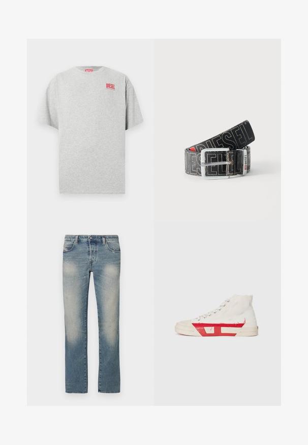 T-shirt en coton gris avec un col rond et des manches courtes. Présente un petit logo rouge « DIESEL » sur la poitrine. Texture lisse.; Jean droit en denim bleu clair avec zones délavées, cinq poches et fermeture à bouton. Le tissu présente de légers effets d'usure et des marques d'usure.; Baskets montantes avec une tige en toile blanche, des accents en caoutchouc rouge et un détail d'ourlet effiloché, avec des œillets en argent et une semelle texturée.; Ceinture noire Diesel avec grand texte logo blanc, boucle rectangulaire en argent, et détail de boucle métallique brandée, enroulée sur un fond clair.