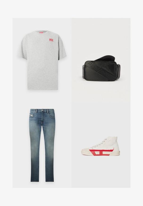 Camiseta de algodón gris con cuello redondo y mangas cortas. Presenta un pequeño logo rojo "DIESEL" en el pecho. Textura suave.; Jeans ajustados en un lavado azul desgastado, con un diseño de cinco bolsillos, cierre de botón metálico y costuras en contraste. Textura ligeramente desgastada.; Zapatillas altas con un upper de lona blanca, detalles de goma roja y un dobladillo deshilachado, con ojales plateados y una suela texturizada.; Cinturón negro con un diseño texturizado y un logotipo en relieve prominente. El material parece suave con un acabado similar al cuero.