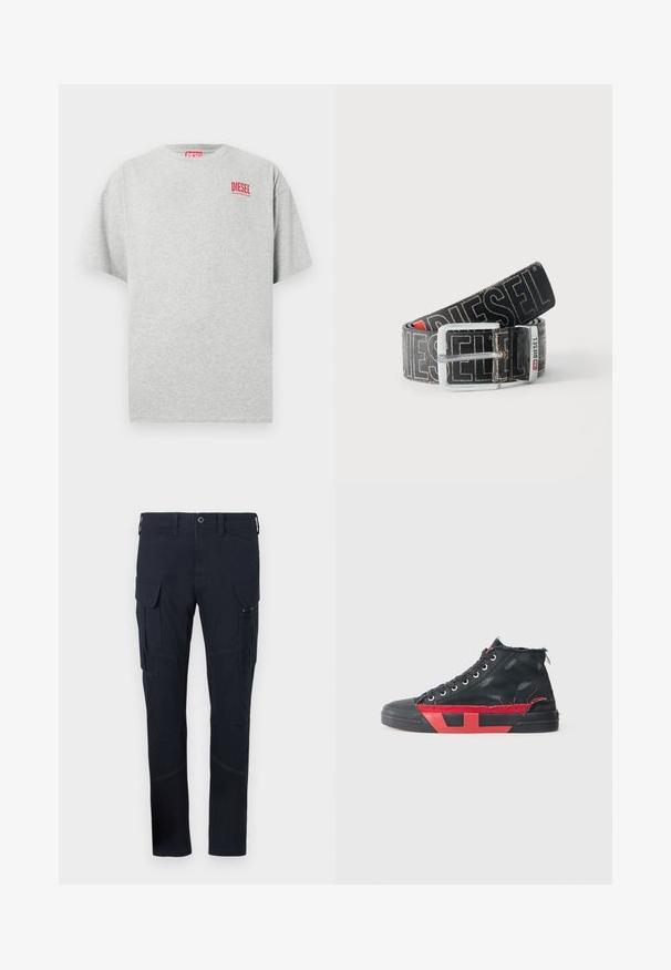 Grijs katoenen T-shirt met een ronde hals en korte mouwen. Voorzien van een klein rood "DIESEL" logo op de borst. Soepele textuur.; Cargo pants in donker marineblauwe stof met meerdere zakken, waaronder zijcargo zakken, en zichtbare stiksels. Slim-fit ontwerp.; Zwarte hoge sneakers met rode accenten en een versleten afwerking. Heeft een gestructureerde canvas bovenkant en een rubberen zool met uitsnijdingen.; Zwarte Diesel-riem met grote witte logotekst, rechthoekige zilveren gesp en merkmetal lusdetail, opgerold op een lichte achtergrond.