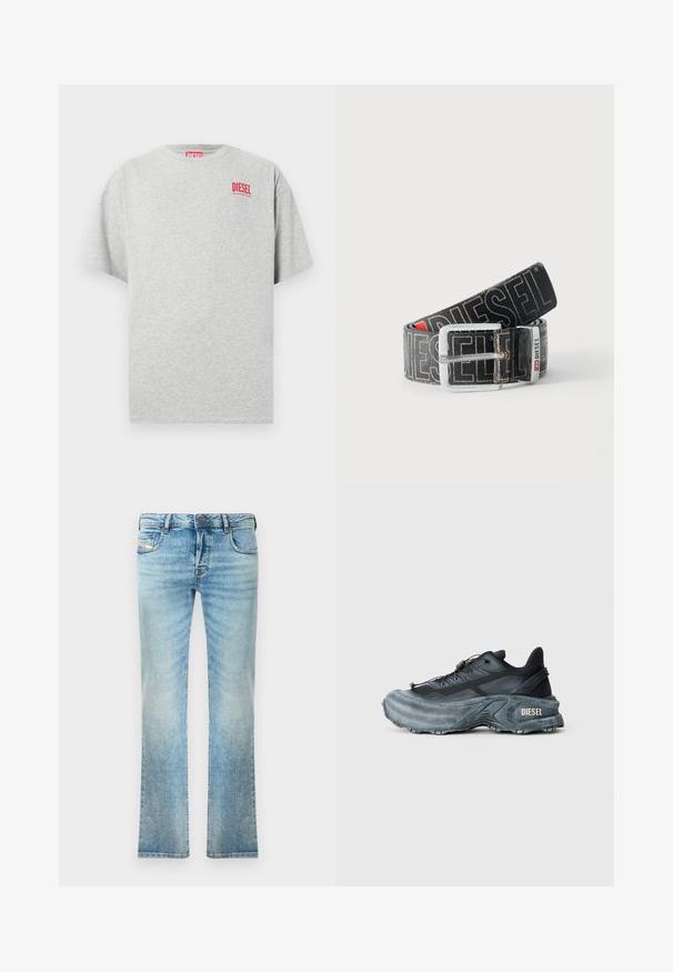 Grijs katoenen T-shirt met een ronde hals en korte mouwen. Voorzien van een klein rood "DIESEL" logo op de borst. Soepele textuur.; Lichtblauwe denim jeans met een rechte pijp, vijfzakkenontwerp en lichte vervaging. Inclusief metalen knoop en ritsafsluiting.; Zwarte en grijze Diesel sneakers met dikke zool, vetersluiting en gestructureerd ontwerp op een effen lichtgrijze achtergrond.; Zwarte Diesel-riem met grote witte logotekst, rechthoekige zilveren gesp en merkmetal lusdetail, opgerold op een lichte achtergrond.
