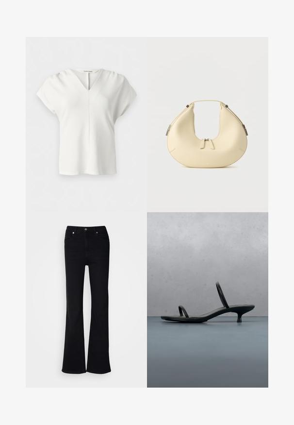 Hvid kortærmet bluse med V-hals og diskret central sømdetalje, lavet af glat, let stof.; Sorte flared jeans lavet af denim, med knap- og lynlåslukning, fem lommer og en glat tekstur.; Sort Calvin Klein sandal med hæl og tynde stropper, balancerende på træfliser udendørs nær en væg og grønne planter.; Beige håndtaske i halvmåneform med dobbelt lynlåslukning og kort håndtag, udstyret med sølvfarvede hardware-detaljer på siderne.