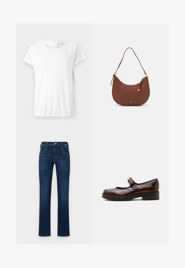 Weißes Baumwoll-T-Shirt mit kurzen Ärmeln, rundem Halsausschnitt und Lochmuster mit Rautenformen. Weiche Textur und lässige Passform.; Dunkelblaue Denim-Jeans mit geradem Bein, fünf Taschen, und einem standardmäßigen Knopfverschluss. Verfügt über dezente Stickdetails.; Dunkelbrauner Mary Jane Schuh mit glänzendem Finish, runder Spitze, niedrigem Blockabsatz und goldener Schnalle über dem Spann.; Braune Kunstleder-Schultertasche mit geschwungener Form, minimaler Naht und goldfarbener Hardware-Akzent. Verfügt über einen oberen Reißverschluss und einen verstellbaren Trageriemen.