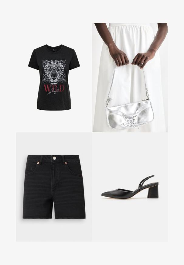 Sort t-shirt med korte ærmer med et detaljeret hvidt leopardansigt og rød tekst med teksten "WILD" samt hvid skrift "Souls" under dyreillustrationen.; Sorte denimshorts med knaplukning foran, bæltestropper, to forlommer og en lille møntlomme, vist fladt på hvid baggrund.; Sort lædersko med slingback, spids tå, lav blokhæl og minimalistisk design med tynde remme og glat tekstur.; Sølvmetallic håndtaske med snøredetaljer, der har et slankt design og en kort strop. Tasken holdes i hænderne for at fremvise dens tekstur.