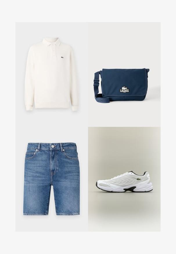 Langärmliges, blasscremefarbenes Polohemd aus strukturiertem Strick, mit einer Dreiknopf-Leiste und einem grünen gestickten Logo auf der Brust.; Jeans-Shorts in einem mittleren Blauton mit geradem Schnitt, fünf Taschen Design und Knopfverschluss. Mit kontrastierenden Nähten.; Weißer Sportschuh mit strukturiertem Mesh-Obermaterial, geschwungenem Design und kontrastierender schwarzer Laufsohle. Mit grünem gesticktem Logo an der Seite.; Marineblaue Lacoste Messenger-Tasche mit verstellbarem Riemen und Logo-Patch auf der Vorderklappe, vor einem schlichten hellen Hintergrund.