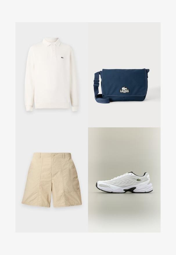 Polo-shirt à manches longues en crème pâle en tricot texturé, avec une patte de boutonnage à trois boutons et un logo brodé vert sur la poitrine.; Shorts beiges avec une finition texturée, dotés d'une fermeture à bouton à l'avant, de deux poches latérales et d'un petit logo en bas à droite.; Baskets de sport blanches avec un dessus en mesh texturé, un design courbé et une semelle noire contrastante. Présente un logo brodé vert sur le côté.; Sac messager Lacoste bleu marine avec bandoulière réglable et écusson logo sur le rabat avant, sur un fond clair uni.
