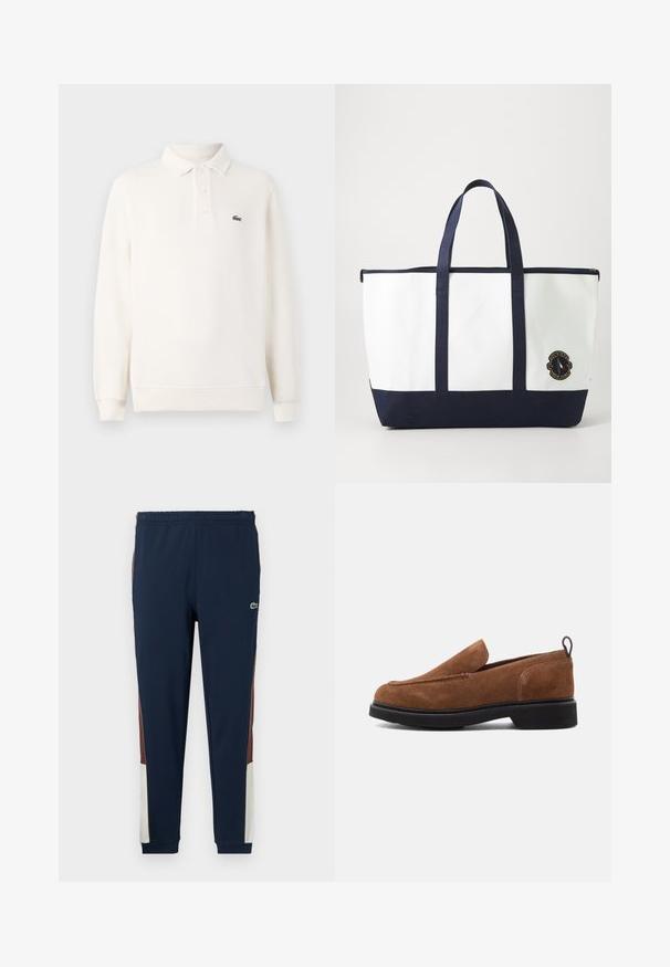 Camisa polo de manga larga en crema pálido, de punto texturizado, con tapeta de tres botones y un logo verde bordado en el pecho.; Pantalones de chándal navy fabricados con un tejido suave, con paneles laterales en marrón y crema, cinturilla elástica y un pequeño logo en la parte frontal.; Zapatos de ante marrón tipo slip-on con punta redondeada, suela de goma negra y un pequeño tacón. Presentan un diseño de costura decorativa en la parte superior.; Bolso tote hecho de lona blanca con acentos en azul marino. Presenta dos asas resistentes y un parche de logo en la parte frontal. Forma rectangular.