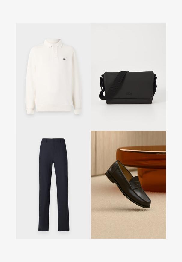 Polo-shirt à manches longues en crème pâle en tricot texturé, avec une patte de boutonnage à trois boutons et un logo brodé vert sur la poitrine.; Pantalons bleu marine en tissu lisse, avec une fermeture à bouton sur le devant, une taille classique et une coupe droite.; Chaussure mocassin en cuir noir suspendue au-dessus d’un tapis beige avec du mobilier moderne couleur ambre en arrière-plan.; Lacoste MESSENGER BAG MEN CLASSIC - Sac bandoulière - noir