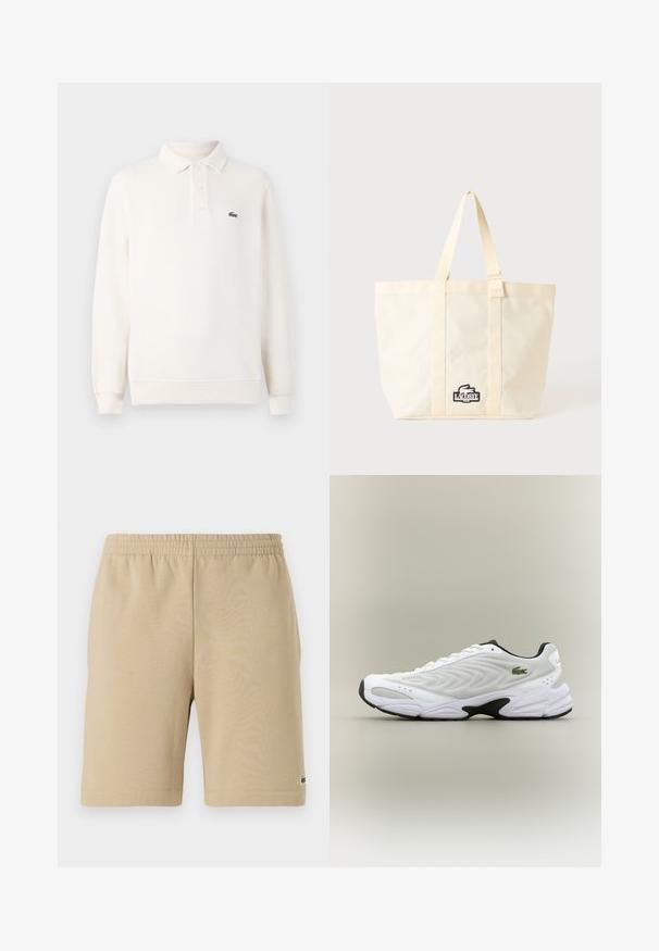 Langärmliges, blasscremefarbenes Polohemd aus strukturiertem Strick, mit einer Dreiknopf-Leiste und einem grünen gestickten Logo auf der Brust.; Beige Baumwollshorts mit einem elastischen Bund, knielangem Design und einem kleinen Logodetail auf der linken Seite. Glatte Textur und einfacher Schnitt.; Weißer Sportschuh mit strukturiertem Mesh-Obermaterial, geschwungenem Design und kontrastierender schwarzer Laufsohle. Mit grünem gesticktem Logo an der Seite.; Beige Lacoste Tote-Tasche mit zwei Griffen und einem schwarz-weißen Krokodil-Logo-Patch an der vorderen Mitte.