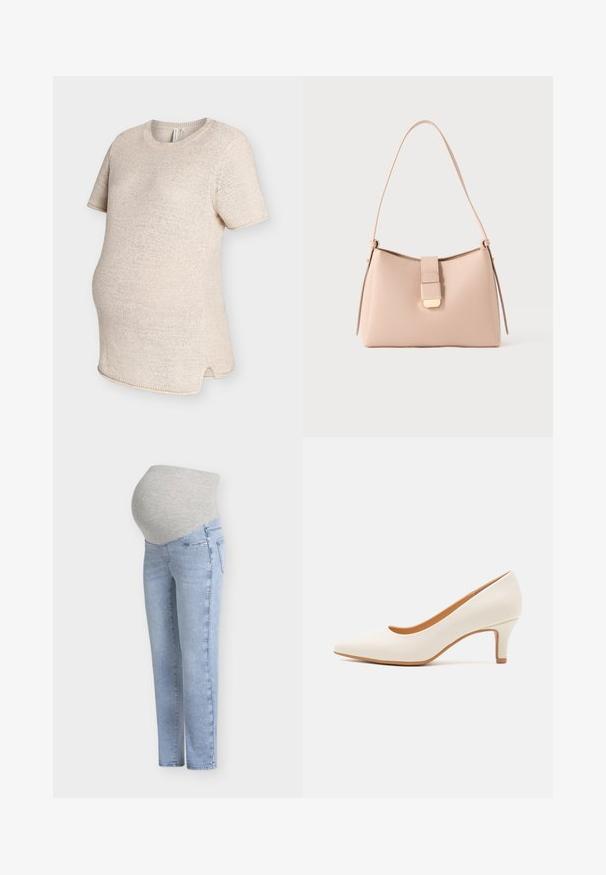 T-shirt de maternité beige en tricot avec manches courtes, col rond, fentes latérales et texture douce. Présente une coupe décontractée pour plus de confort.; Jean de maternité bleu clair avec un panneau en tissu gris extensible conçu pour couvrir et soutenir le ventre de la femme enceinte.; Chaussure à talon haute en cuir blanc avec un bout pointu et un talon fin, légèrement incliné. Texture lisse avec un design minimaliste et une semelle beige.; Sac à main rose clair avec une forme incurvée, fabriqué en matériau texturé. Doté d'une sangle plate et d'un détail de fermeture à rabat dorée sur le devant.