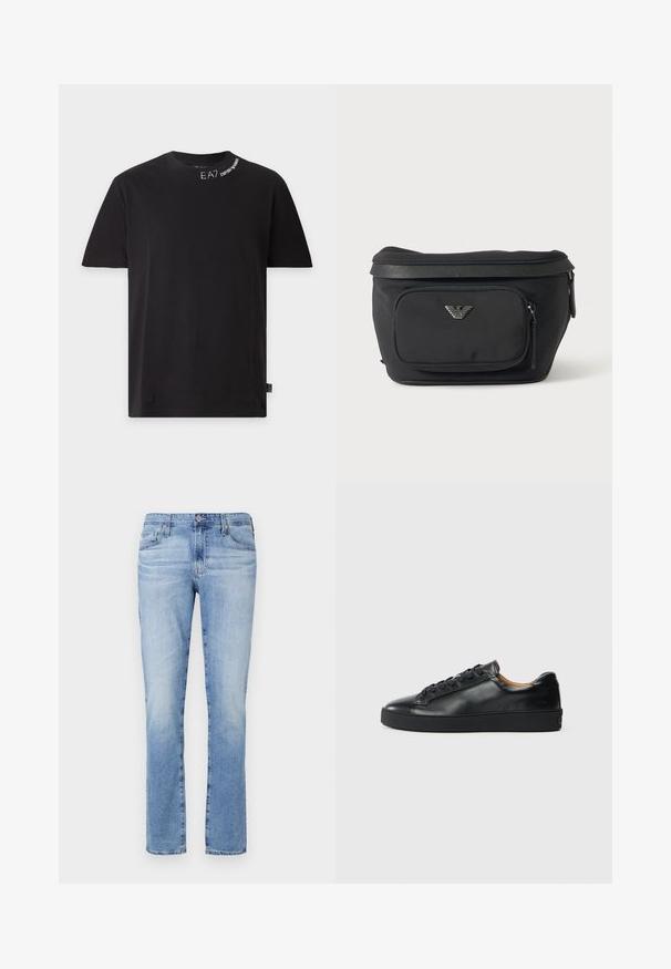 Čierne tričko s krátkym rukávom a okrúhlym výstrihom, bielym nápisom "EA7 Emporio Armani" pri výstrihu a malou značkou s logom na bočnom leme.; Svetlomodré džínsy s rovnými nohavicami, so zapínaním na gombík, piatimi vreckami a miernym vyblednutím látky.; Čierne kožené tenisky s hladkým povrchom, okrúhlou špičkou a šnúrkami. Majú hrubú gumenú podrážku a minimálne značkové detaily.; Čierna ľadvinka s predným vreckom na zips a strieborným logom orla, hladká látka s textúrovaným lemom a ťaháčikmi zipsu.