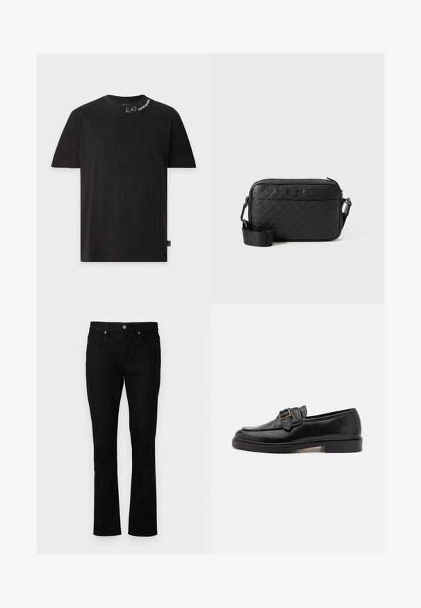 Zwart T-shirt met korte mouwen en ronde hals met witte tekst "EA7 Emporio Armani" nabij de halslijn en een klein logolabel aan de zijzoom.; Zwarte denim jeans met een rechte pijp, met een middelhoge taille, vijf zakken en metalen hardware accentueert. Soepele textuur.; Zwarte leren instappers met een ronde neus en een decoratieve gesp. Platte, stevige hak en een gladde textuur overal.; Zwarte gestructureerde schoudertas met een gegraveerd geometrisch patroon en een verstelbare strap met het merkenlogo.