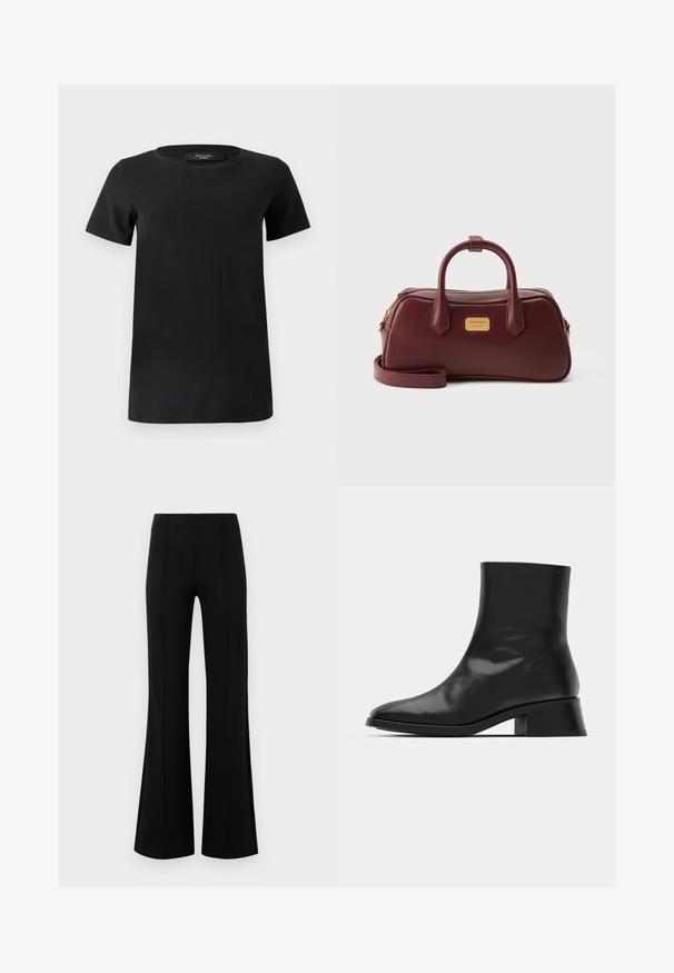 T-shirt noir à manches courtes en tissu de coton doux, doté d'un col rond et d'un design simple et classique sans ornements.; Pantalons évasés noirs avec une taille haute, fabriqués en tissu extensible. Présente des détails de couture verticaux sur le devant et une texture lisse.; Bottine noire en cuir brillant, au design épuré, avec un bout pointu et un petit talon bloc pour plus de stabilité.; Sac à main en cuir rouge foncé avec deux poignées, une bandoulière détachable, une fermeture éclair dorée et une petite plaque de marque dorée sur le devant.