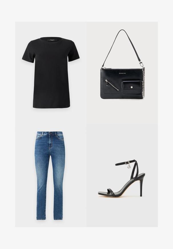 T-shirt noir à manches courtes en tissu de coton doux, doté d'un col rond et d'un design simple et classique sans ornements.; Jean bleu taille haute à coupe slim avec poches avant, passants pour ceinture, fermeture par bouton, et légère décoloration sur les cuisses et les genoux.; Sandale à talon haut noire avec une bride étroite à la cheville, bout carré, cuir lisse et accent de boucle métallique.; Sac à bandoulière en cuir noir Michael Kors avec fermeture éclair supérieure, poche avant zippée en diagonale, poche à rabat avec bouton-pression et détail en chaîne argentée.