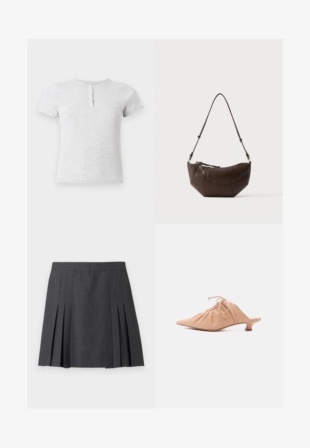 Lysegrå T-shirt med korte ærmer, rund hals og tre-knaps lukning foran.; ONLY ONLMARION PLEAT SKIRT - Mini skirts - dark grey melange; Beige dames mule i læder med spids tå, rynket overdel, snøre og lav kittenhæl på hvid baggrund.; Brun læder skuldertaske med buet bund og justerbar rem mod en ensfarvet lys baggrund.