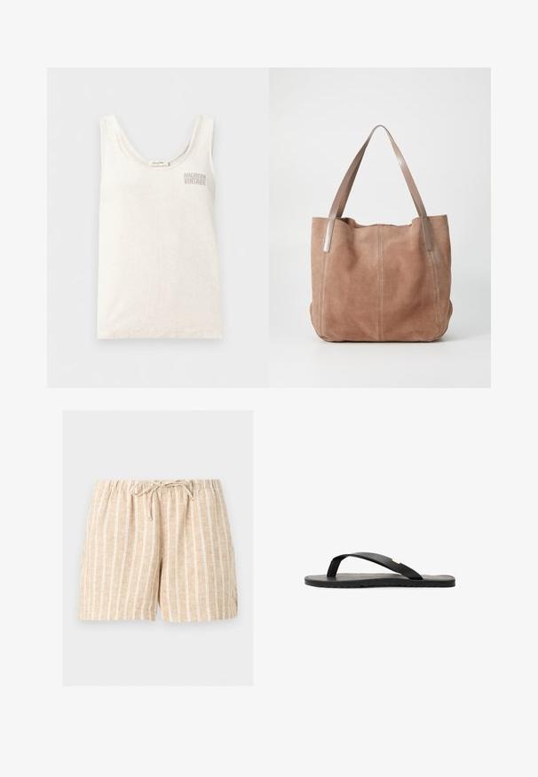 Hvid ærmeløs tanktop med rund halsudskæring og "American Vintage"-logo broderet på øverste venstre bryst.; Beige linnedshorts med hvide lodrette striber, elastisk taljebånd og snøre foran på en ensartet lys baggrund.; Sort flip-flop sandal med flad sål, tekstureret sort indersål, glatte stropper og en lille gul accent nær tåposten.; Anna Field by Zalando LEATHER - Shopping bags - taupe