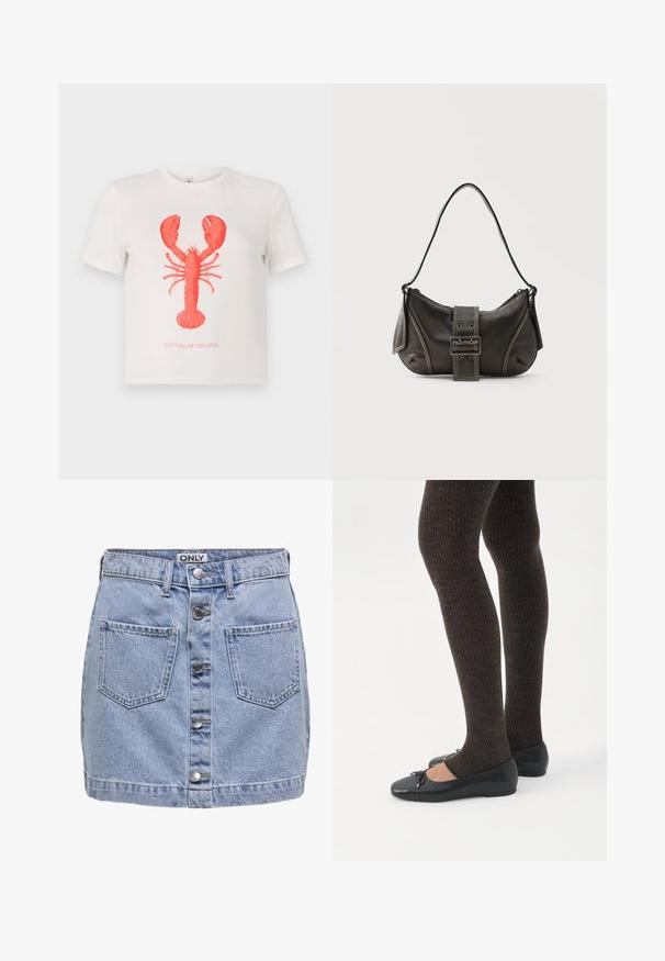 Witte katoenen T-shirt met een grote rode kreeftafbeelding en de tekst "BEL ME GEWOON SCHELPDIER" eronder in het rood. Korte mouwen, normale pasvorm.; Lichtblauwe denimminirok met vijf knopen aan de voorkant, twee opgestikte zakken en een iets versleten textuur. Etiket zegt "ONLY."; Benen met donkere geribbelde leggings gecombineerd met zwarte ballerina's met kleine strikdetails op een witte achtergrond.; Zwarte leren schoudertas met gespsluiting aan de riem, afgeronde hoeken en contrasterende witte stiksels op een effen achtergrond.