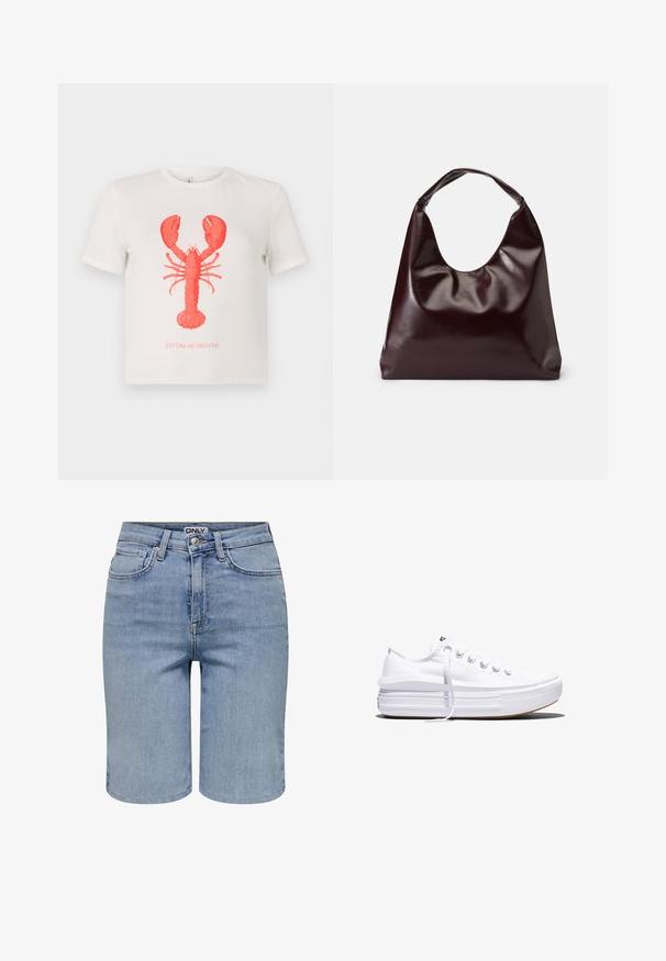 Witte katoenen T-shirt met een grote rode kreeftafbeelding en de tekst "BEL ME GEWOON SCHELPDIER" eronder in het rood. Korte mouwen, normale pasvorm.; Lichtblauwe denim shorts met voorzakken, riemlussen, een metalen knoop en een ritssluiting.; Witte lage canvas sneaker met dikke plateauzool, veters aan de voorkant en rubberen toeskap met structuur, zijaanzicht.; Bordeaux, glanzende vegan leren totebag met een zachte, sculpturale vorm en een brede, gebogen handgreep voor makkelijk dragen.