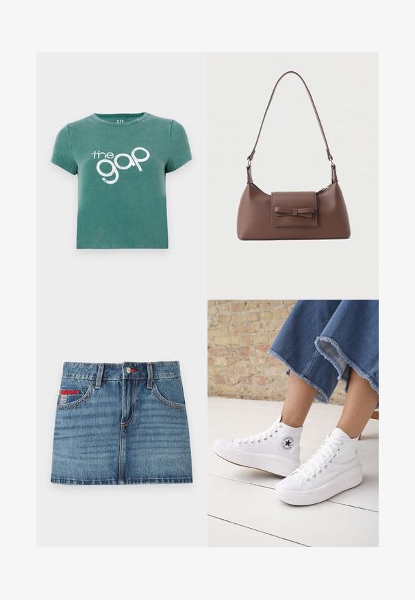 Grünes T-Shirt mit kurzen Ärmeln aus Baumwolle, vorne mit dem weißen Aufdruck "the gap". Gekürztes Design mit rundem Halsausschnitt.; Jeans-Minikleid in mittlerem Blau mit verblasster Textur, fünf Taschen und roten Nähakzenten. Verfügt über einen Knopfverschluss und Gürtelschlaufen.; Person trägt weiße knöchelhohe Converse-Sneaker mit dicken Sohlen und abgeschnittene, ausgefranste blaue Jeans vor einer Backsteinmauer und weißem Boden.; Braune Leder-Umhängetasche mit einer vorderen Klappentasche, die ein gestepptes Schleifendetail und einen verstellbaren Riemen aufweist.