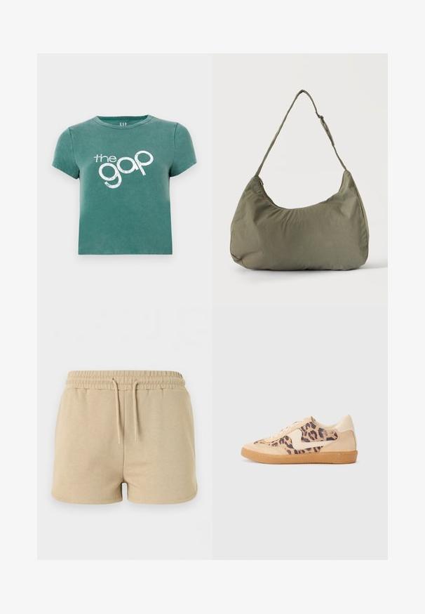 Camiseta verde de manga corta hecha de algodón, con un logo blanco impreso "the gap" en la parte delantera. Diseño recortado con escote redondo.; Pantalones cortos de algodón beige con cintura elástica y cordón frontal, diseñados para uso informal.; Zapatillas de leopardo con parte superior de ante beige, suela de goma marrón y acentos blancos. Punta redonda y diseño con cordones con un acabado texturado.; Bolso de hombro de tela suave color verde oliva con cierre de cremallera y correa ajustable sobre un fondo liso y claro.