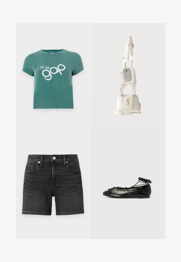 Grøn kortærmet t-shirt lavet af bomuld, med et hvidt trykt logo "the gap" på forsiden. Beskåret design med rund halsudskæring.; Sorte denimshorts med et klassisk femlomme-design, der har en frontknaplukning og let falmning for tekstur.; Sorte balletflade sko i laklæder med rundet tå, snørelukning og flad sål. Glat tekstur med få detaljer.; Hvid lædertaske med guldfarvet logo og kædedetaljer, med en aftagelig hvid rem og en lille tekstureret pung fastgjort.