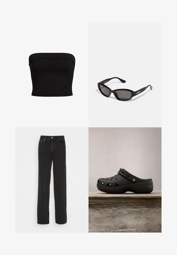 Sort strapless top med et tætsiddende design, lavet af blødt stof med en glat overflade og rene kanter. Ingen yderligere mønstre eller accenter.; Sorte lige jeans med fem lommer, forknap og bæltesløjfer, præsenteret mod en hvid baggrund.; Sort gummiklæde med ventilationshuller, hævet hæl, rygrem og tekstureret sål. Glat overflade med et minimalistisk design.; Sorte solbriller med rektangulært stel, mørke linser, glat plastmateriale og en metalaccent på templet.
