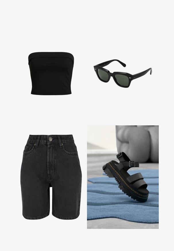 Sort strapless top med et tætsiddende design, lavet af blødt stof med en glat overflade og rene kanter. Ingen yderligere mønstre eller accenter.; Sorte denimshorts med høj talje, fem-lomme design og metalknaplukning. Stoffet har en glat tekstur med let fading.; Sort platformsandal med tyk sål, justerbar ankelrem og gul syning, hvilende på blå tekstureret stof.; Sorte firkantede solbriller med mørkegrønne linser, der har kraftige stel og sølvdetaljer på siderne. Fremstillet i Italien.