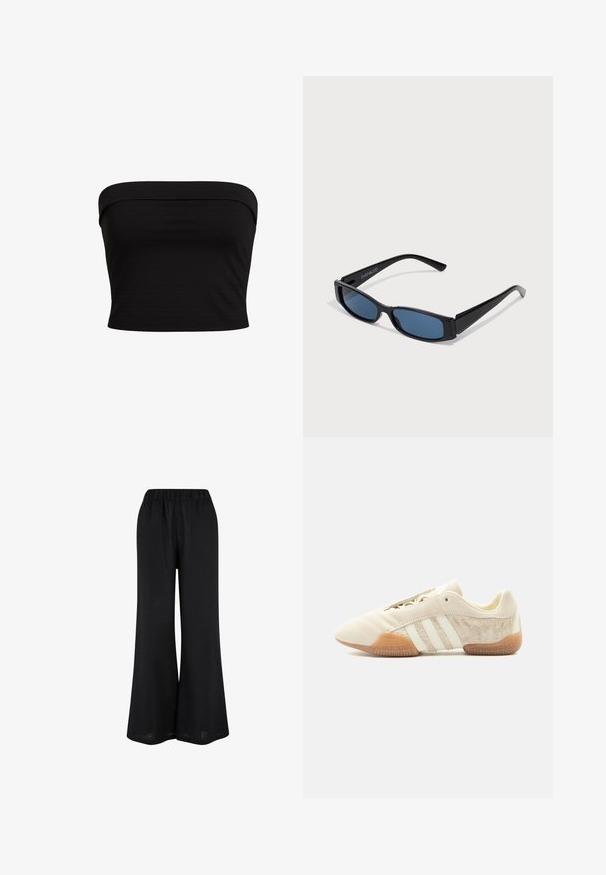 Sort strapless top med et tætsiddende design, lavet af blødt stof med en glat overflade og rene kanter. Ingen yderligere mønstre eller accenter.; Sorte vide benbukser lavet af et let stof. Har et elastisk talje og en gulvlængde, flydende design.; Lavprofileret beige sneaker med tre hvide striber, teksturerede ruskindssidepaneler, gummisål og snørelukning på ensfarvet baggrund.; Sorte solbriller med en slank rektangulær ramme og blå linser. Har en glat overflade og robuste stænger. Mærkets logo på siden.