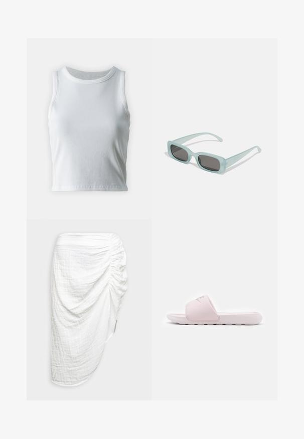 Biely rebrovaný top bez rukávov s okrúhlym výstrihom, so strapatým lemom a hladkou, elastickou textúrou.; Pieces PCSTINA HIGH SLIT SKIRT - Puzdrová sukňa - cloud dancer; Ružová posuvná sandála s flexibilnou gumovou podrážkou, vystuženým remienkom a minimalistickým dizajnom. Obsahuje logo na remienku a hladký povrch.; Párik obdĺžnikových slnečných okuliarov s svetlomodrými priehľadnými rámami a tmavosivými sklami, s rovnými stranami a minimálnymi hardvérovými detailmi.