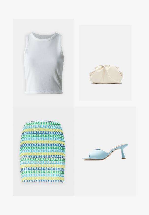 Débardeur blanc côtelé avec un décolleté rond et sans manches, présentant un ourlet droit et une texture lisse et extensible.; Mini-jupe en textile avec des rayures horizontales bleues, vertes et jaunes. Le design présente une apparence tissée et texturée avec un effet superposé.; Mule bleu clair à bout ouvert avec des brides larges croisées et un talon mi-hauteur évasé, présenté de profil sur fond blanc.; Pochette en cuir souple couleur crème avec un design froncé et une fine bandoulière reposant à l’avant sur un fond uni.