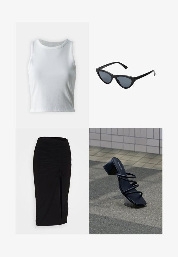 Hvid ribbet tanktop med rund halsudskæring og ærmeløs design, med en lige kant og en glat, strækbar tekstur.; Sort, rynket blyantskørt med bindebånd og en sidelæg. Fremstillet af et strækbart stof, der har en glat overflade og en tætsiddende pasform.; Sort sandal med firkantet tå, tre tynde stropper og blokhæl på fortov nær flisebelagt væg.; Sorte katteøje solbriller med mørkegrå linser, slankt plastisk stel, spidse hjørner og lige stænger. Ingen synlig hardware eller dekorationer.