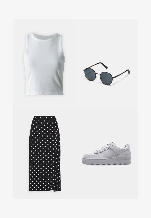 Top de alças branco com detalhe de costura, decote redondo e sem mangas, apresentando uma bainha reta e uma textura lisa e elástica.; Saia preta com bolinhas brancas, feita de um tecido macio. Apresenta um corte reto e uma fenda na parte inferior para maior liberdade de movimento.; Sapatilha Nike Air Force 1 cinza com bico perfurado, parte superior em couro liso, sola espessa e detalhe em relevo "AIR" no calcanhar.; Óculos de sol pretos de metal com lentes redondas, tonalidade escura, hastes finas e almofadas de nariz ajustáveis, apresentando um design minimalista e sem marcas visíveis.