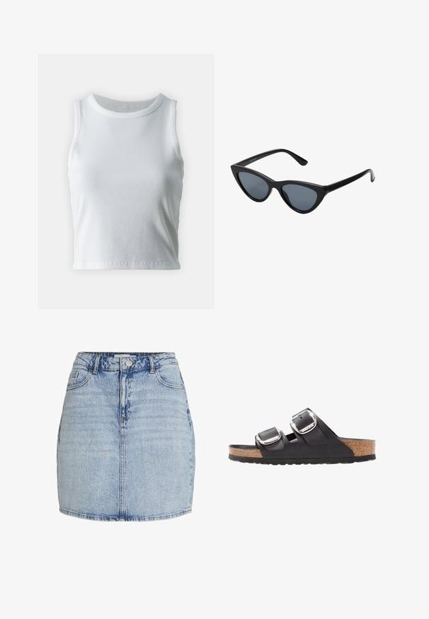 Weißes, geripptes Tanktop mit runder Ausschnittform und ärmellosem Design, ausgestattet mit einem geraden Saum und einer glatten, dehnbaren Textur.; Hellblaue Jeans-Minirock mit vorderem Knopf- und Reißverschluss, Gürtelschlaufen und vorderen Taschen.; Schwarze Sandale mit zwei verstellbaren Riemen, silbernen Schnallen und einem Korkfußbett auf einer strukturierten schwarzen Gummisohle.; Schwarze Cat-Eye-Sonnenbrille mit dunkelgrauen Gläsern, schlankem Kunststoffrahmen, spitzen Ecken und geraden Bügeln. Keine sichtbaren Befestigungen oder Akzente.