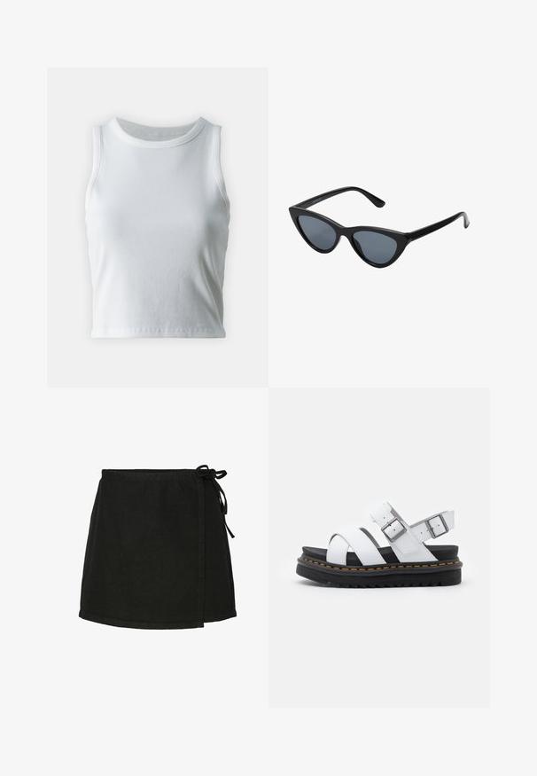 Hvid ribbet tanktop med rund halsudskæring og ærmeløs design, med en lige kant og en glat, strækbar tekstur.; Sort bomuldsomslag nederdel med båndlukning, lige skæring og kant ved midten af låret. Har en glat tekstur og minimalistisk design.; Hvide lædersandaler med justerbare spænder, lagdelt sort platformssål og orange syning langs kanten.; Sorte katteøje solbriller med mørkegrå linser, slankt plastisk stel, spidse hjørner og lige stænger. Ingen synlig hardware eller dekorationer.