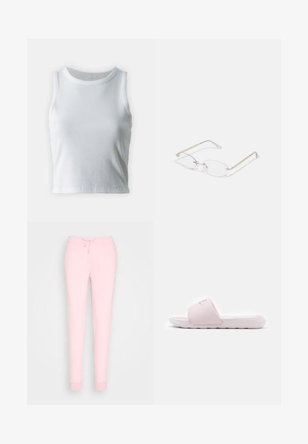 Débardeur blanc côtelé avec un décolleté rond et sans manches, présentant un ourlet droit et une texture lisse et extensible.; Pantalons de survêtement rose clair avec une taille à cordon, jambes fuselées et logo brodé sur la cuisse. Texture de tissu douce et lisse.; Sandale en slide rose avec une semelle en caoutchouc flexible, une lanière rembourrée et un design minimaliste. Présente un logo sur la lanière et une texture lisse.; Lunettes en métal doré avec des verres ovales, des branches fines et des plaquettes de nez transparentes. Présente des accents subtils sur les charnières et des verres transparents.