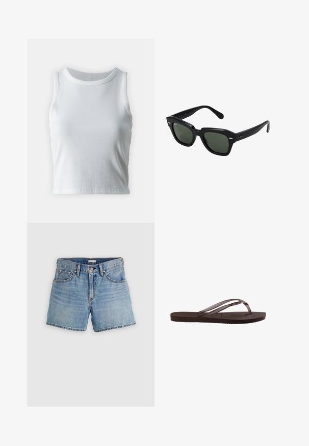 Hvid ribbet tanktop med rund halsudskæring og ærmeløs design, med en lige kant og en glat, strækbar tekstur.; Cowboyshorts i lyseblå, højtaljet design med fem lommer, lynlås og rå kant. Klassisk syning og let falmet tekstur.; Brun gummiflips med tekstureret sål og tynde remme med lille dekorativt metal-detalje på siden.; Sorte firkantede solbriller med mørkegrønne linser, der har kraftige stel og sølvdetaljer på siderne. Fremstillet i Italien.