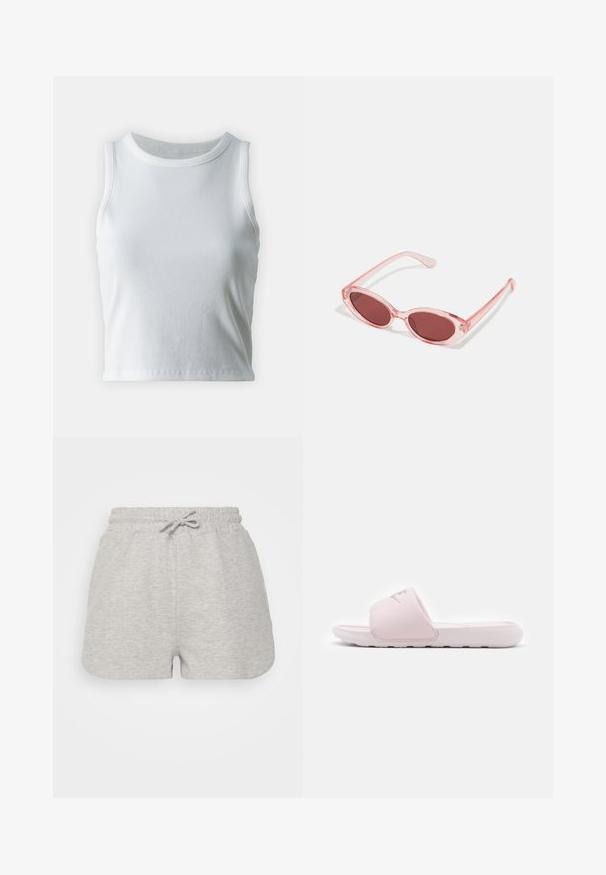 Weißes, geripptes Tanktop mit runder Ausschnittform und ärmellosem Design, ausgestattet mit einem geraden Saum und einer glatten, dehnbaren Textur.; Even&Odd Shorts - mottled light grey; Rosa Rutschelsandale mit einer flexiblen Gummisohle, gepolstertem Riemen und minimalistischer Gestaltung. Mit einem Logo auf dem Riemen und glatter Textur.; Pink transparente Sonnenbrille mit ovalen Gläsern, dunkler roter Tönung und schlanken Bügeln, ausgestattet mit einer glatten Oberfläche und dezenten Details am Rahmen.