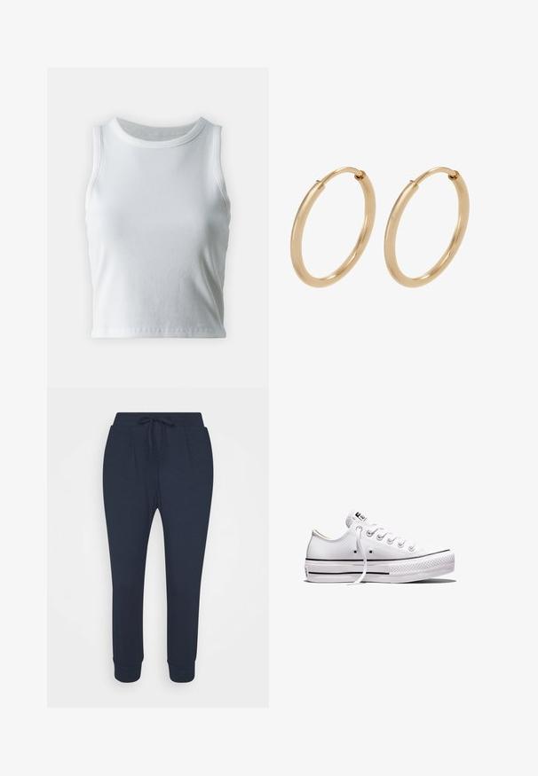 Hvid ribbet tanktop med rund halsudskæring og ærmeløs design, med en lige kant og en glat, strækbar tekstur.; Marineblå sweatpants med snor i taljen, tapered ben og ribbede manchetter; lavet af blødt, holdbart stof med sidelommer.; Lavtop hvid lærredsneaker med hvide snørebånd, gummisål, sorte stribedetaljer og logo-patch på tungen og hælen.; Guldøreringe med en glat, poleret overflade. Rund form, mellemstor, med en sikker lukkemekanisme.